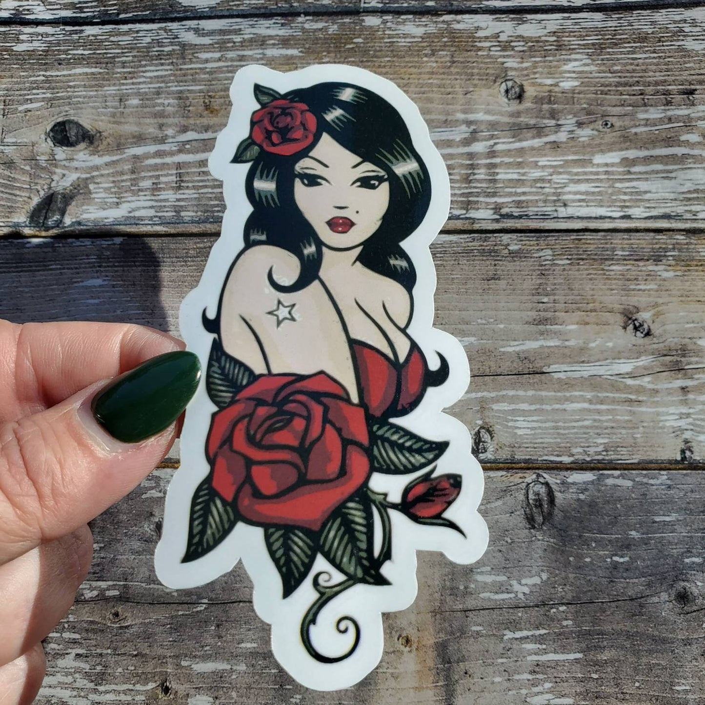 Vintage Tattoo Sticker, Tattoo Flash Art Sticker, Sticker, Vintage Woman with Roses Decal