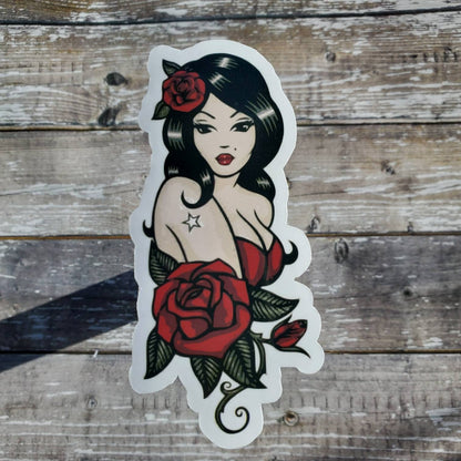 Vintage Tattoo Sticker, Tattoo Flash Art Sticker,  Sticker, Vintage Woman with Roses Decal