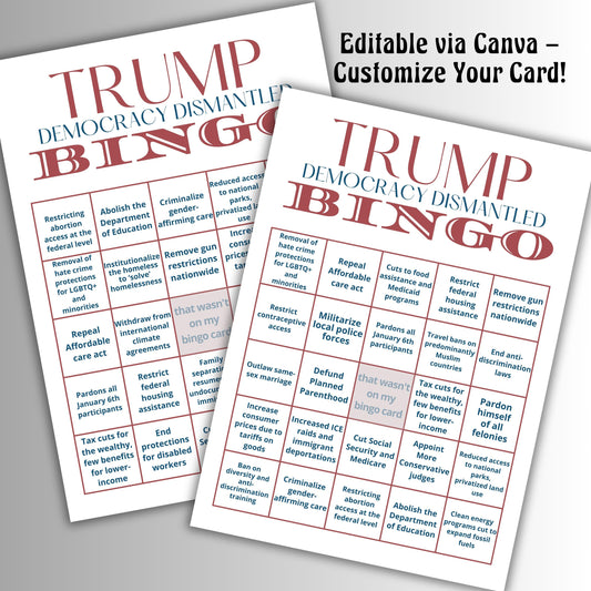 Trump Bingo Card | Trump 2024 Presidency Dark Humor Anti-Trump Satire | Democracy Dismantled | Trump 2024 | Digital Download
