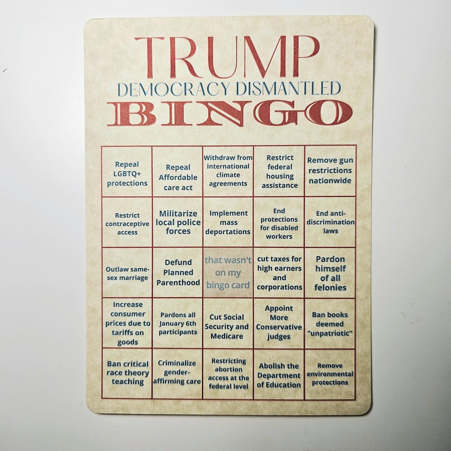 Trump Bingo Card | Trump 2024 Presidency Dark Humor Anti-Trump Satire | Democracy Dismantled | Trump 2024