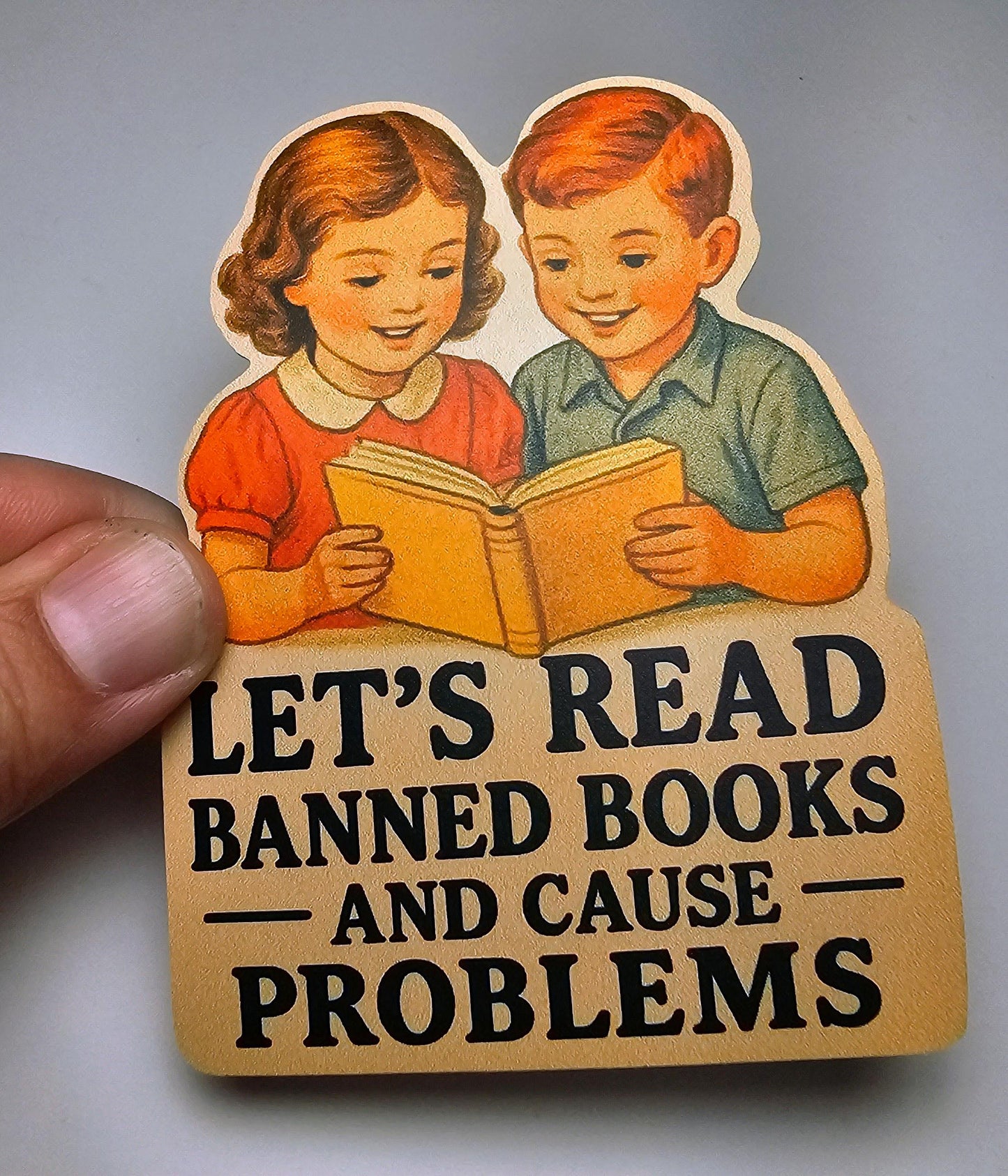 Banned Book Sticker – Read Banned Books and Cause Problems – Funny Retro Vinyl Decal for Book Lovers, Teachers, Librarians, Students