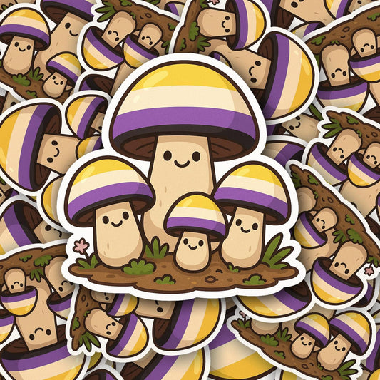 Nonbinary Pride Mushroom Sticker | Cute LGBTQ+ Vinyl Decal | Kawaii Queer Cottagecore Sticker | NB Gift | Gender Nonconforming Art