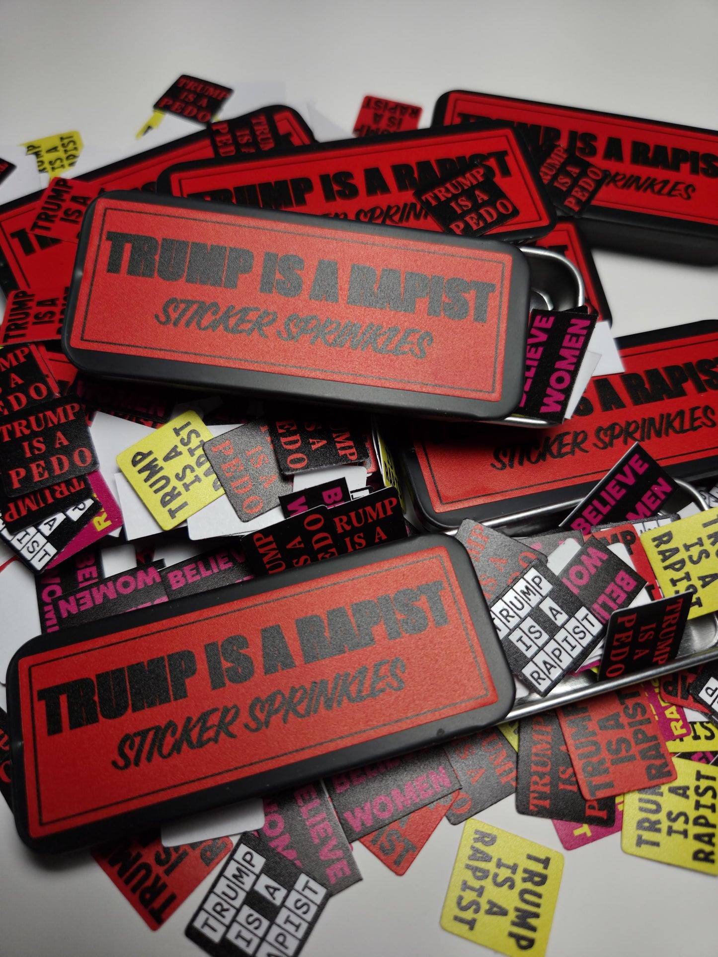 Trump Is a Rapist Sticker Sprinkles |Mini Activist Stickers in Tin or Refill | Anti-Trump Protest Stickers Pack