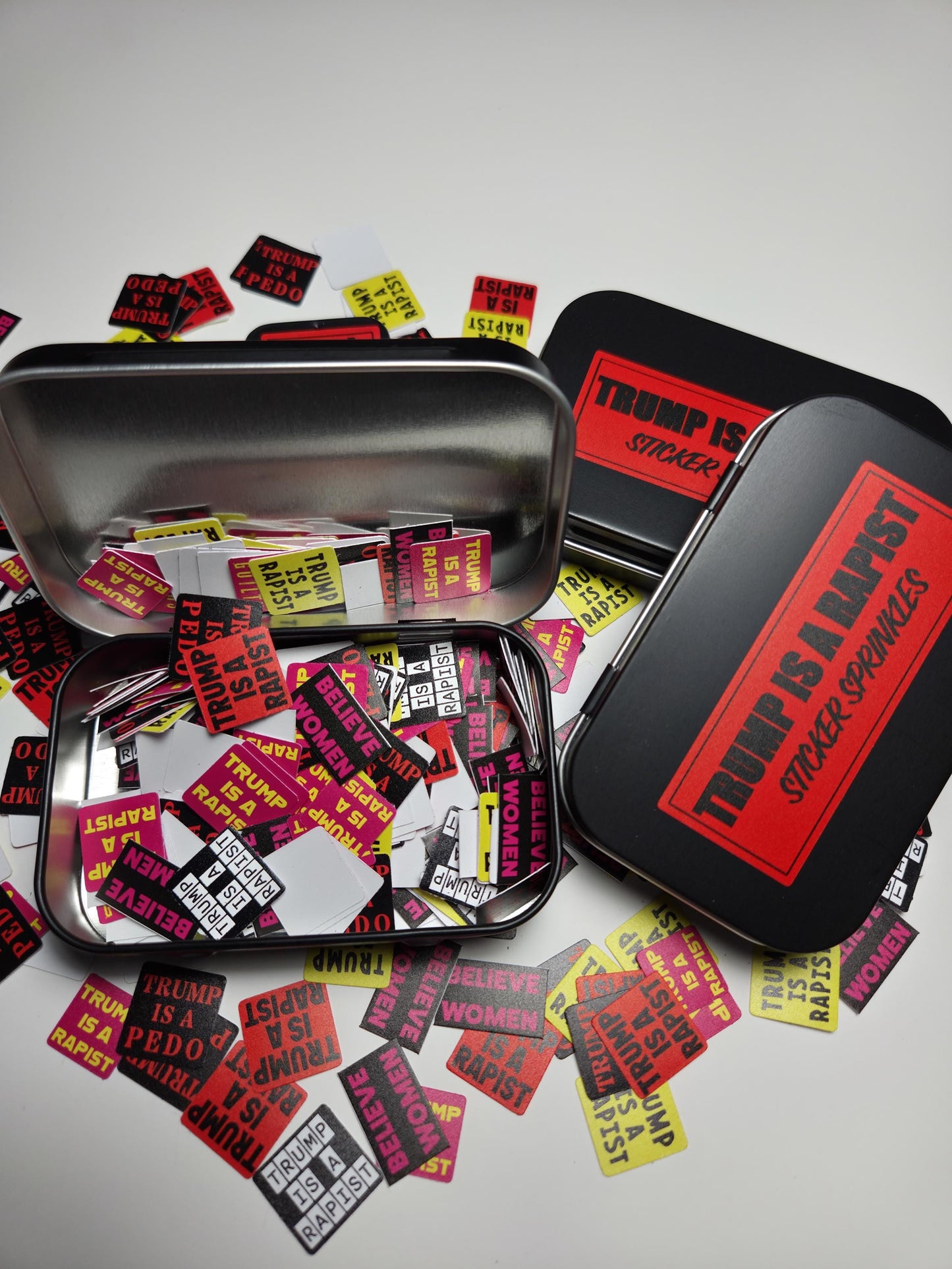 Trump Is a Rapist Sticker Sprinkles |Mini Activist Stickers in Tin or Refill | Anti-Trump Protest Stickers Pack