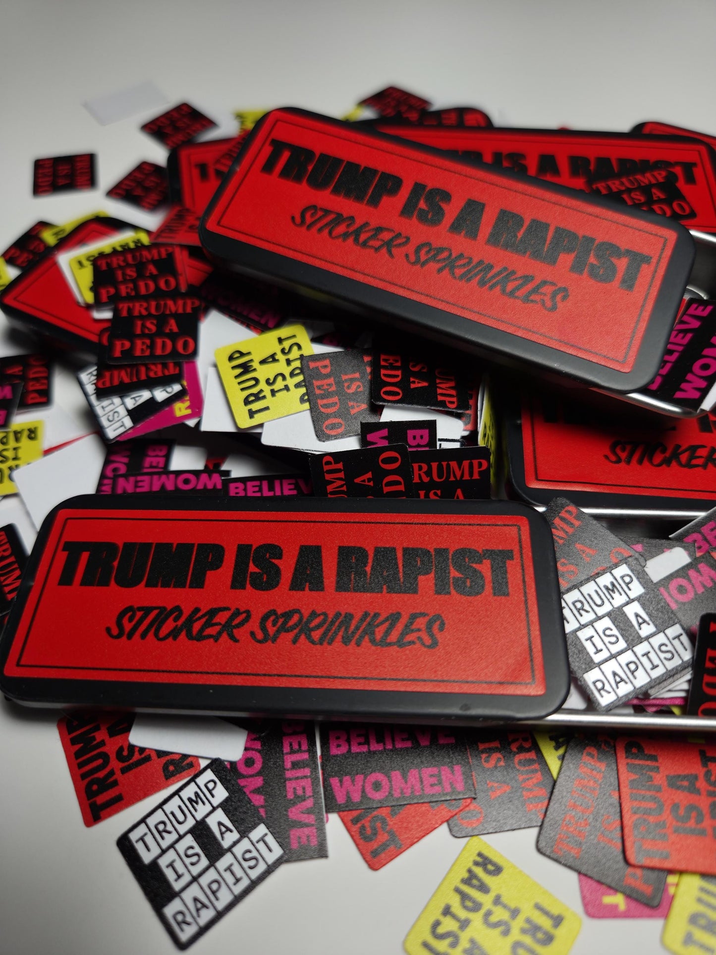 Trump Is a Rapist Sticker Sprinkles |Mini Activist Stickers in Tin or Refill | Anti-Trump Protest Stickers Pack