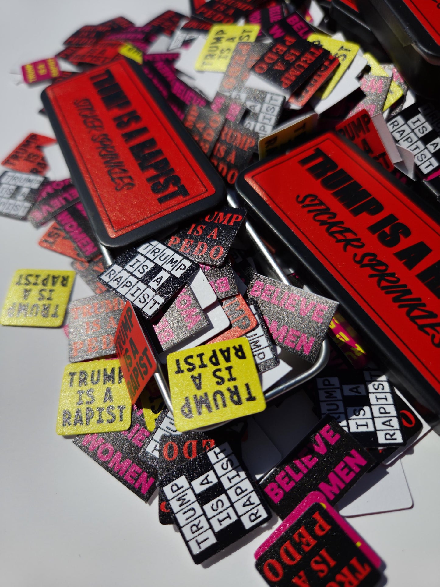 Trump Is a Rapist Sticker Sprinkles |Mini Activist Stickers in Tin or Refill | Anti-Trump Protest Stickers Pack
