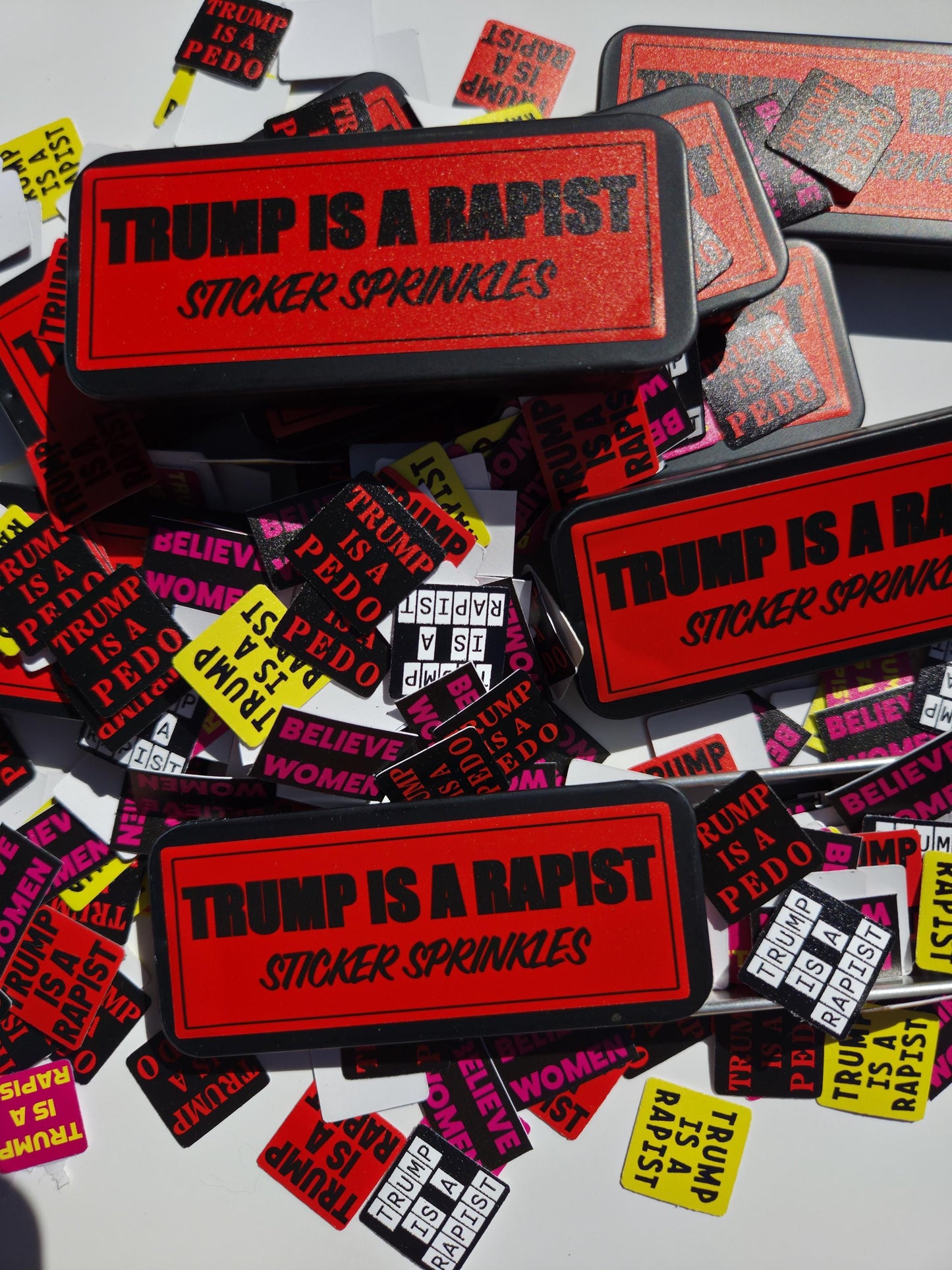 Trump Is a Rapist Sticker Sprinkles |Mini Activist Stickers in Tin or Refill | Anti-Trump Protest Stickers Pack