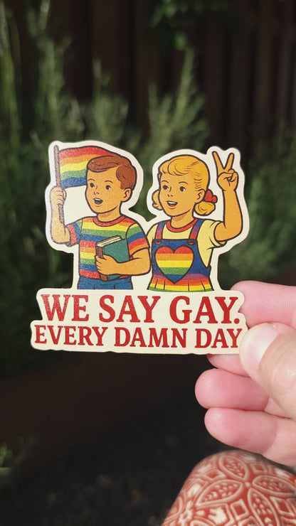 We Say Gay Sticker – LGBTQ+ Pride Vinyl Decal – Funny Queer Sticker for Teachers, Students, Allies – Retro Rainbow Protest Art